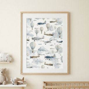 Airplane Wall Art, Vintage Nursery Decor, Blue Poster