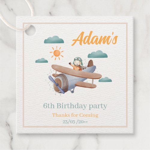 Airplane Watercolor 6th Birthday party tags 
