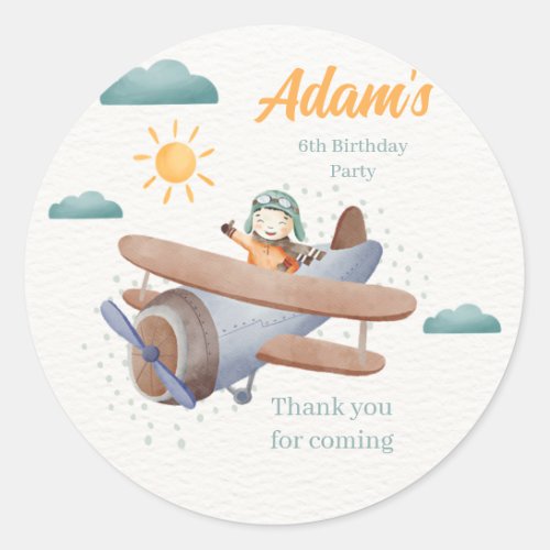 Airplane Watercolor 6th birthday round Sticker