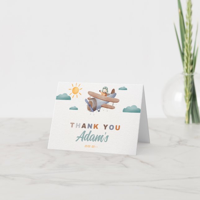 Airplane Watercolor birthday Folded Thank You Card (Front)