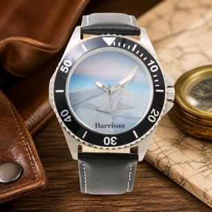 Airplane wing and Clouds Photo Pilot Personalized Watch
