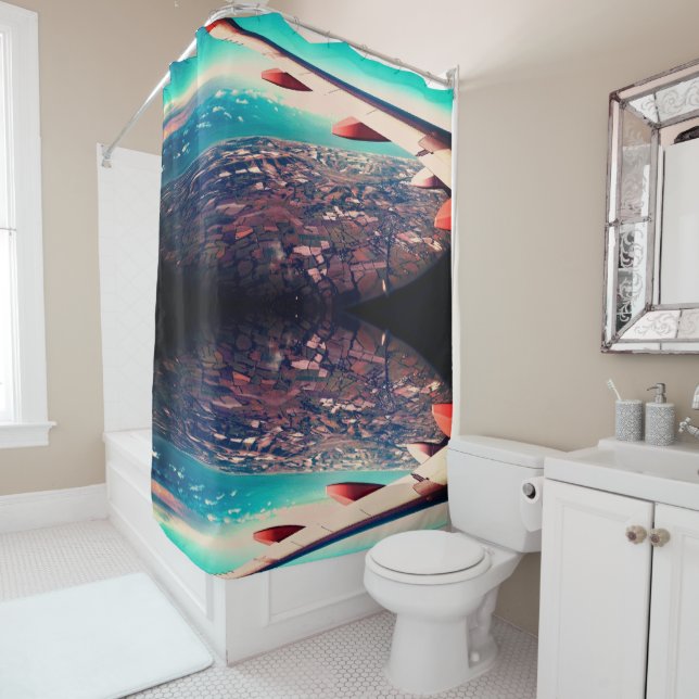 Airplane wing and fields undeneath shower curtain (In Situ)