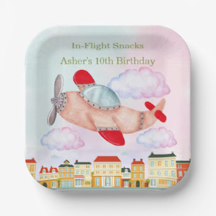 Airplane with Cityscape In-Flight Snacks Birthday Paper Plates