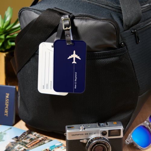 Airplane with dotted line dark Blue Luggage Tag