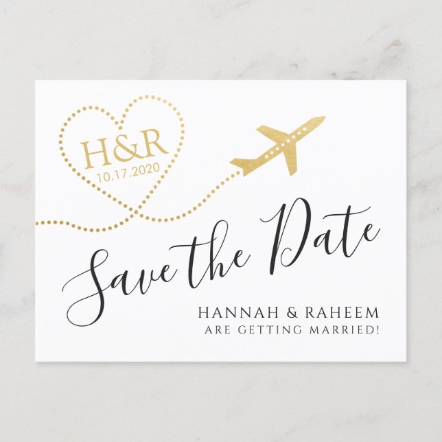 Airplane with Heart Destination Wedding Save Date Announcement Postcard (Front)