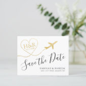 Airplane with Heart Destination Wedding Save Date Announcement Postcard (Standing Front)