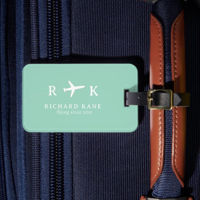 Airplane With His Initials - teal blue Luggage Tag (Front Insitu 4)