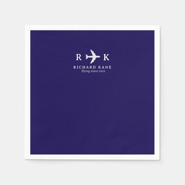 Airplane With Initials - Pilot Logo Blue Napkins (Front)
