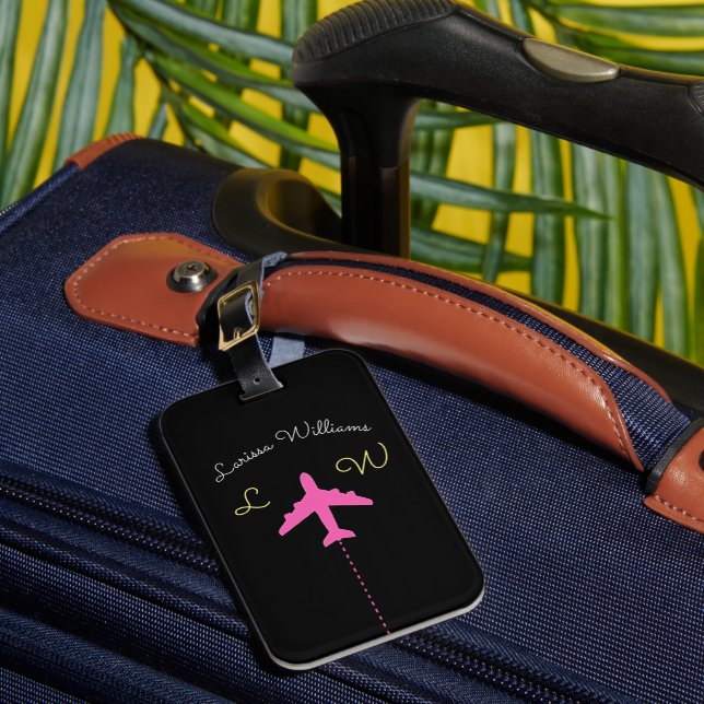 airplane with name & initials pink travel luggage tag (Front Insitu 1)