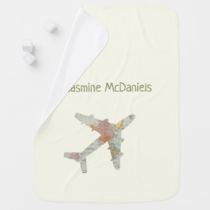 Airplane world map custom name baby blanket