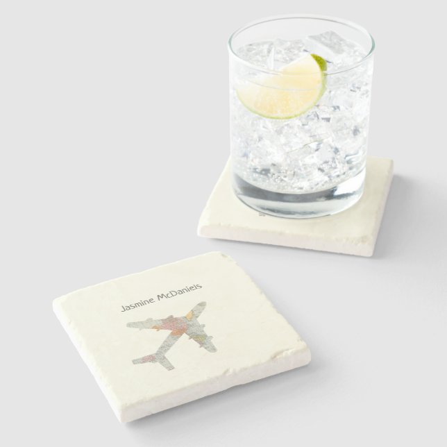 Airplane world map custom name stone coaster (Side)
