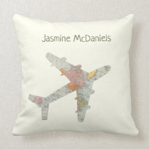Airplane world map custom name throw pillow