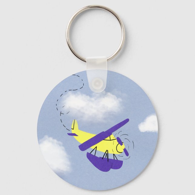Airplane Yellow and Blue Cartoon Art Keychain (Front)