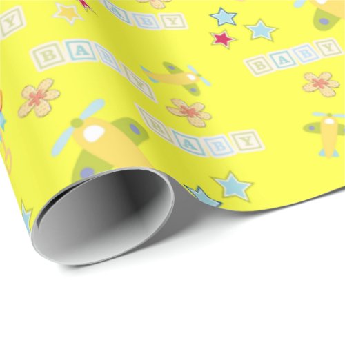 Airplane Yellow Baby Floral Wrapping Paper 