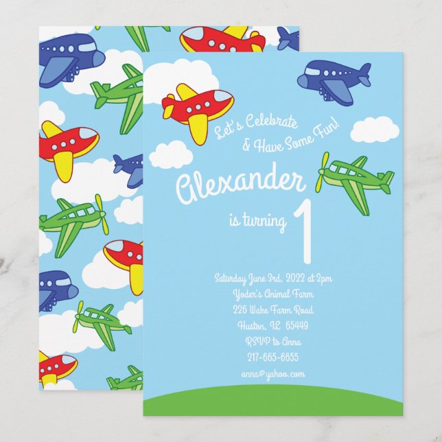 Airplanes 1st Birthday Cute Boy Invitations (Front/Back)