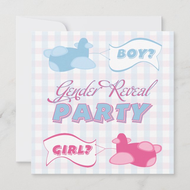 Airplanes and Banners Gingham Gender Reveal Party Invitation (Front)