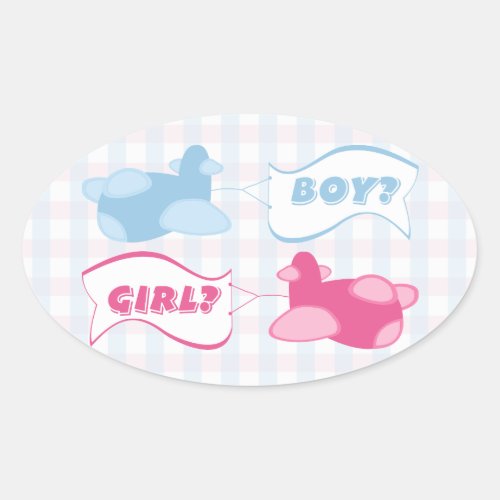 Airplanes and Banners Gingham Gender Reveal Party Oval Sticker