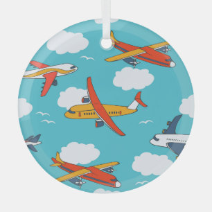 Airplanes and clouds, seamless children's backgrou glass ornament