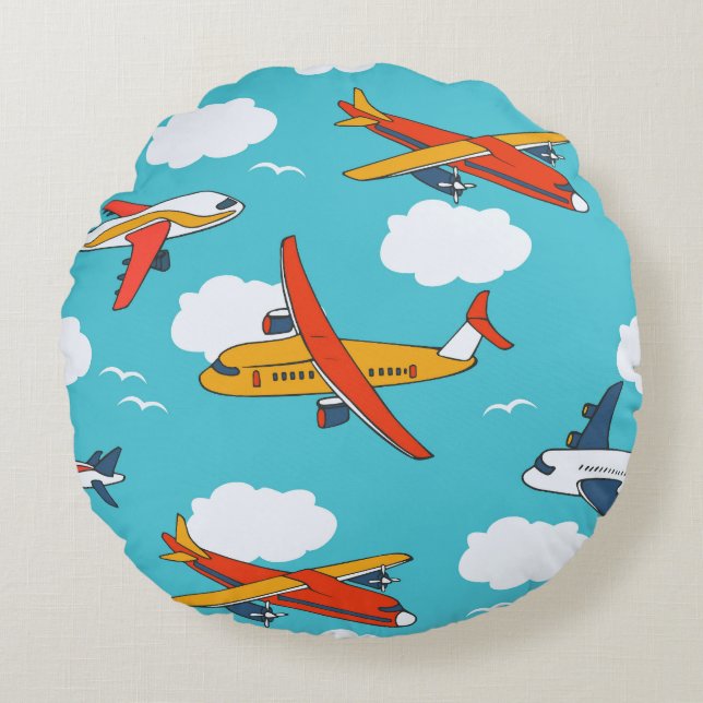 Airplanes and clouds, seamless children's backgrou round pillow (Front)