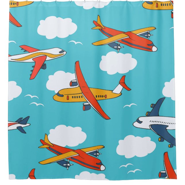 Airplanes and clouds, seamless children's backgrou shower curtain (Front)