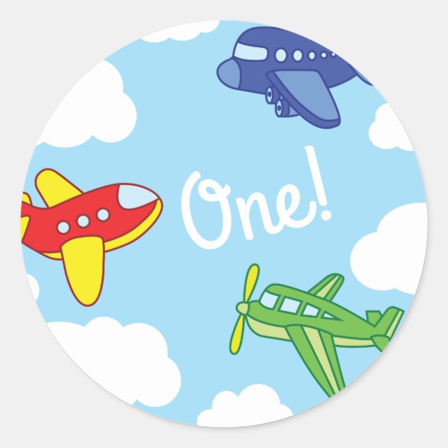 Airplanes and Jets Cute 1st Birthday Party Classic Round Sticker (Front)