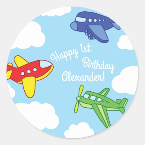 Airplanes and Jets Cute 1st Birthday Party Classic Round Sticker