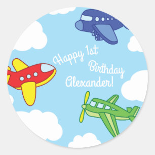 Airplanes and Jets Cute 1st Birthday Party Classic Round Sticker