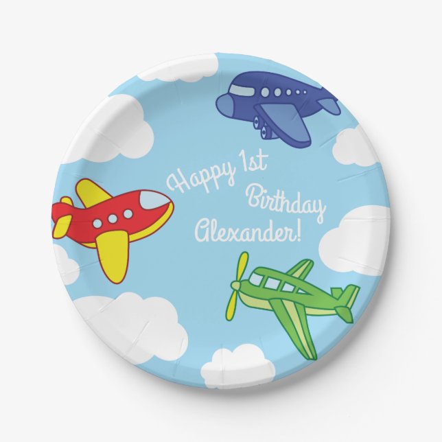 Airplanes and Jets Cute 1st Birthday Party Paper Plates (Front)