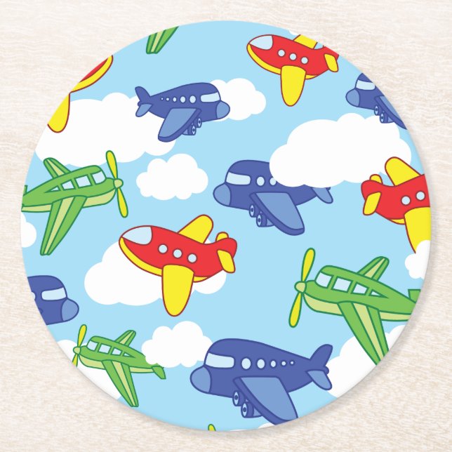 Airplanes and Jets Cute 1st Birthday Party Round Paper Coaster (Front)