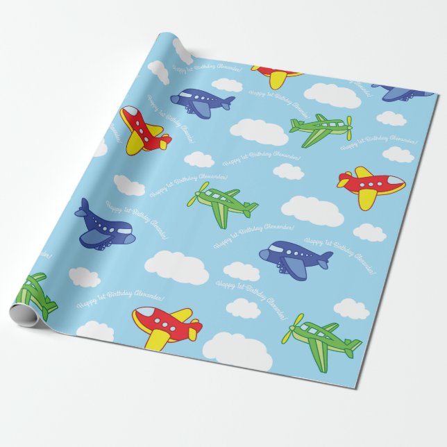 Airplanes and Jets Cute 1st Birthday Party Wrapping Paper (Unrolled)