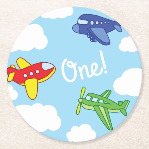 Airplanes and Jets Cute Kids Birthday Party Round Paper Coaster