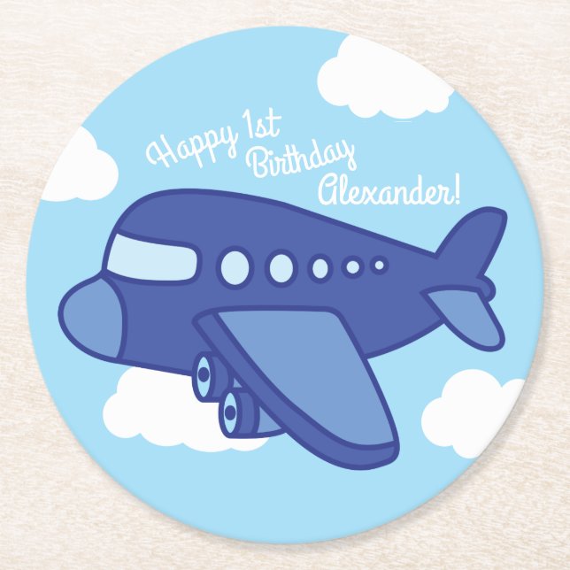 Airplanes and Jets Cute Kid's Birthday Party Round Paper Coaster (Front)