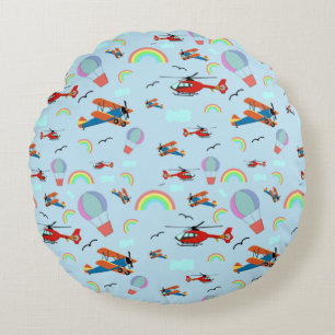 Airplanes and Rainbows Blue Round Pillow