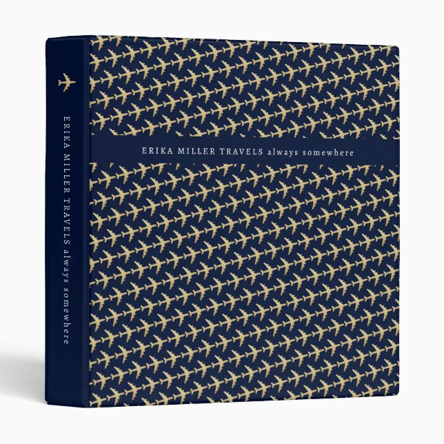 Airplanes (faux gold planes pattern) travel 3 ring binder (Front/Spine)