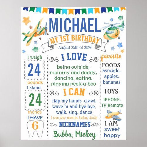 Airplanes First birthday board for a boy Poster