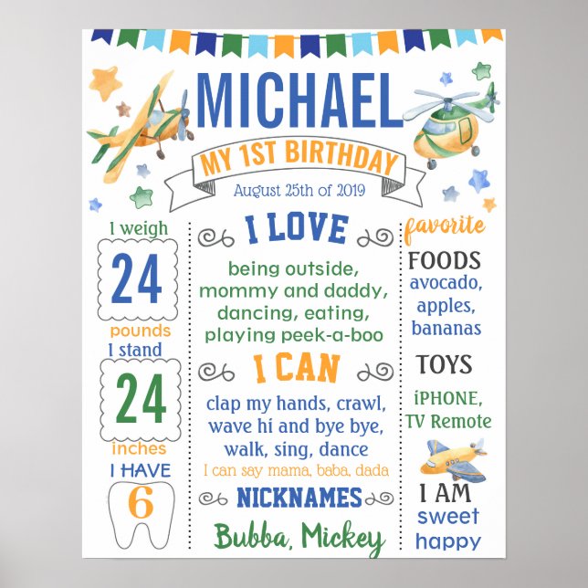Airplanes First birthday board for a boy Poster (Front)