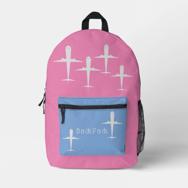 Airplanes Flying Kids Blue Pink Personalized Name Printed Backpack (Front)