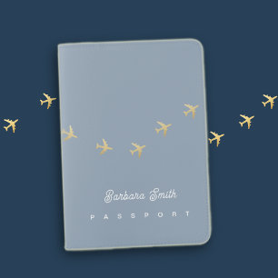 Airplanes Flying on Dusty Blue Stylish Passport Holder