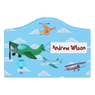 Airplanes Helicopter and Hot Air Balloon Boy Door Sign