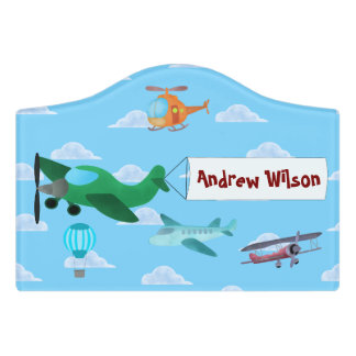 Airplanes Helicopter and Hot Air Balloon Boy Door Sign