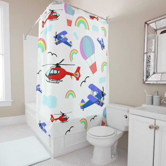 Airplanes, Helicopters, & Balloons Shower Curtain (In Situ)
