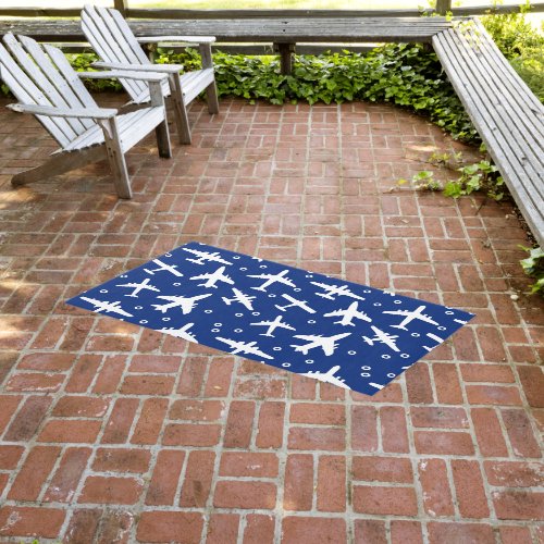 Airplanes Navy Blue and White Outdoor Rug