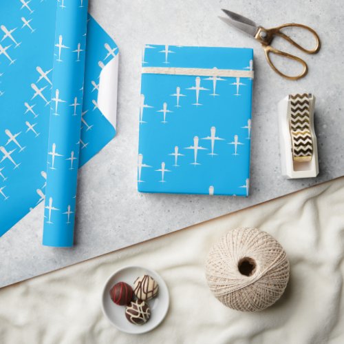 Airplanes on Sky Blue Pattern Wrapping Paper