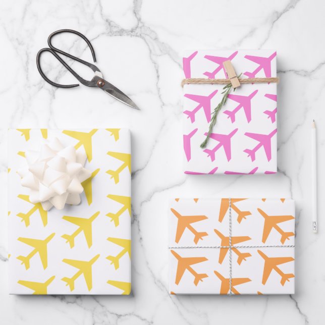 Airplanes Orange Yellow Pink Travel Pilot Fun Wrapping Paper Sheets (Front)