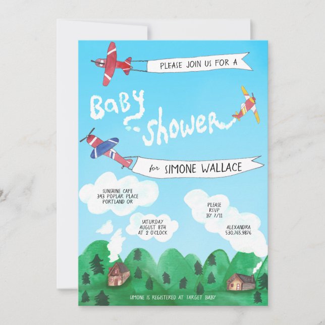 Airplanes Smoke Signals Watercolor BABY SHOWER Invitation (Front)