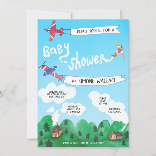 Airplanes Smoke Signals Watercolor BABY SHOWER Invitation