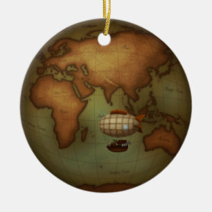 Airship Flying Over Eastern Hemisphere Map Custom Ceramic Ornament