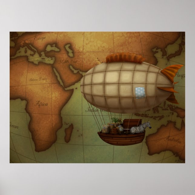Airship on Expedition Over Eastern Hemisphere Map Poster (Front)
