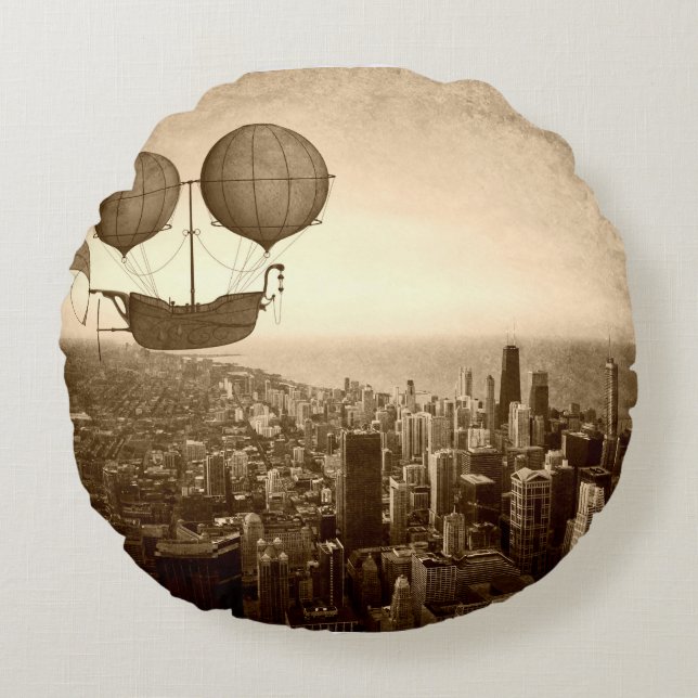Airship Over Chicago Round Pillow (Front)
