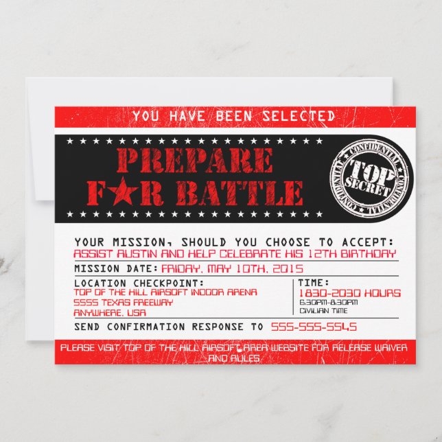 Airsoft 'Prepare for Battle' 5x7 Invitation (Front)